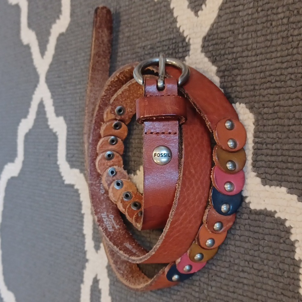 Fossil Brown Leather Belt With Colored Circles Women's Large